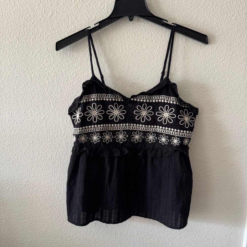 Floral Embroidered Cotton Babydoll Peplum Cami Top L Ruffle Boho Cottagecore - Picture 2 of 8